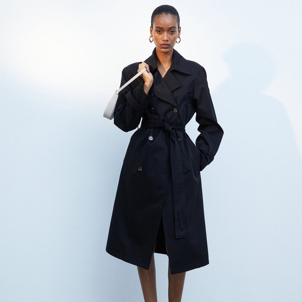 H&M Cotton Twill Trench Coat | Black | Size Medium